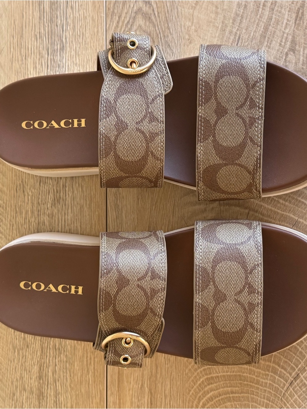 Coach Brown Signature Double-Strap Slide Sandals with Gold Buckles